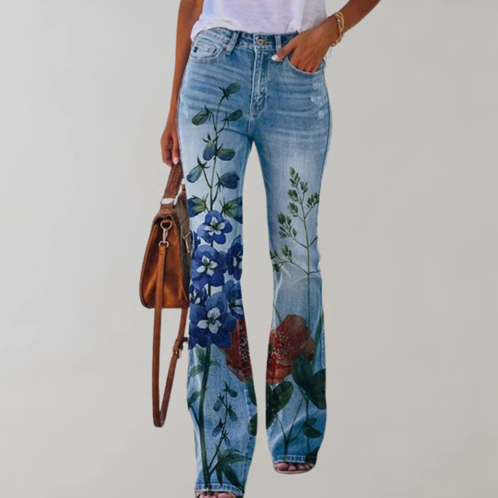 Renee | Floral Print High Waisted Pocket Flare Jeans Women