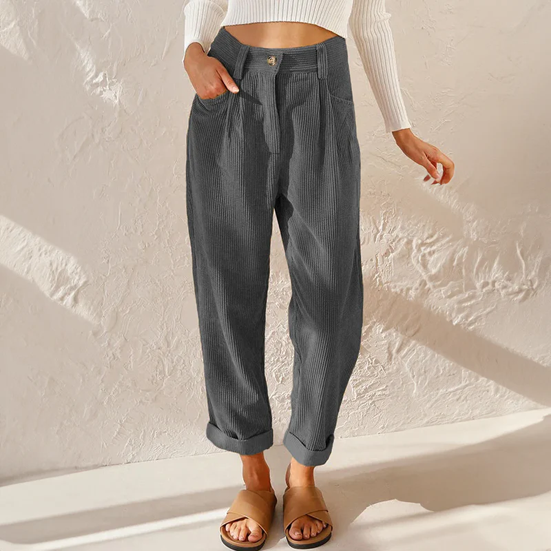 Pia | High Waisted Pleated Corduroy Turn Up Cropped Autumn Tapered Trousers Women