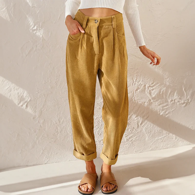 Pia | High Waisted Pleated Corduroy Turn Up Cropped Autumn Tapered Trousers Women