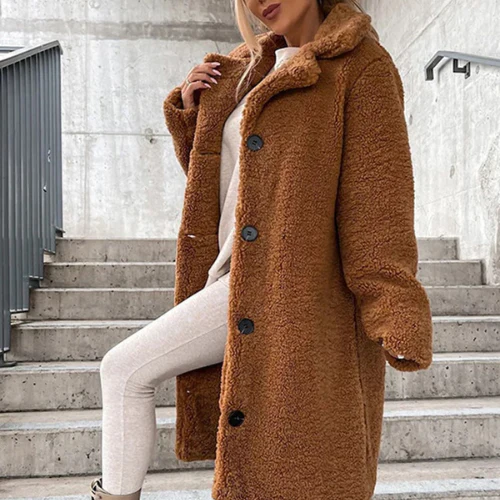 Evie | Lapel Collar Buttoned Winter Long Teddy Coat Women
