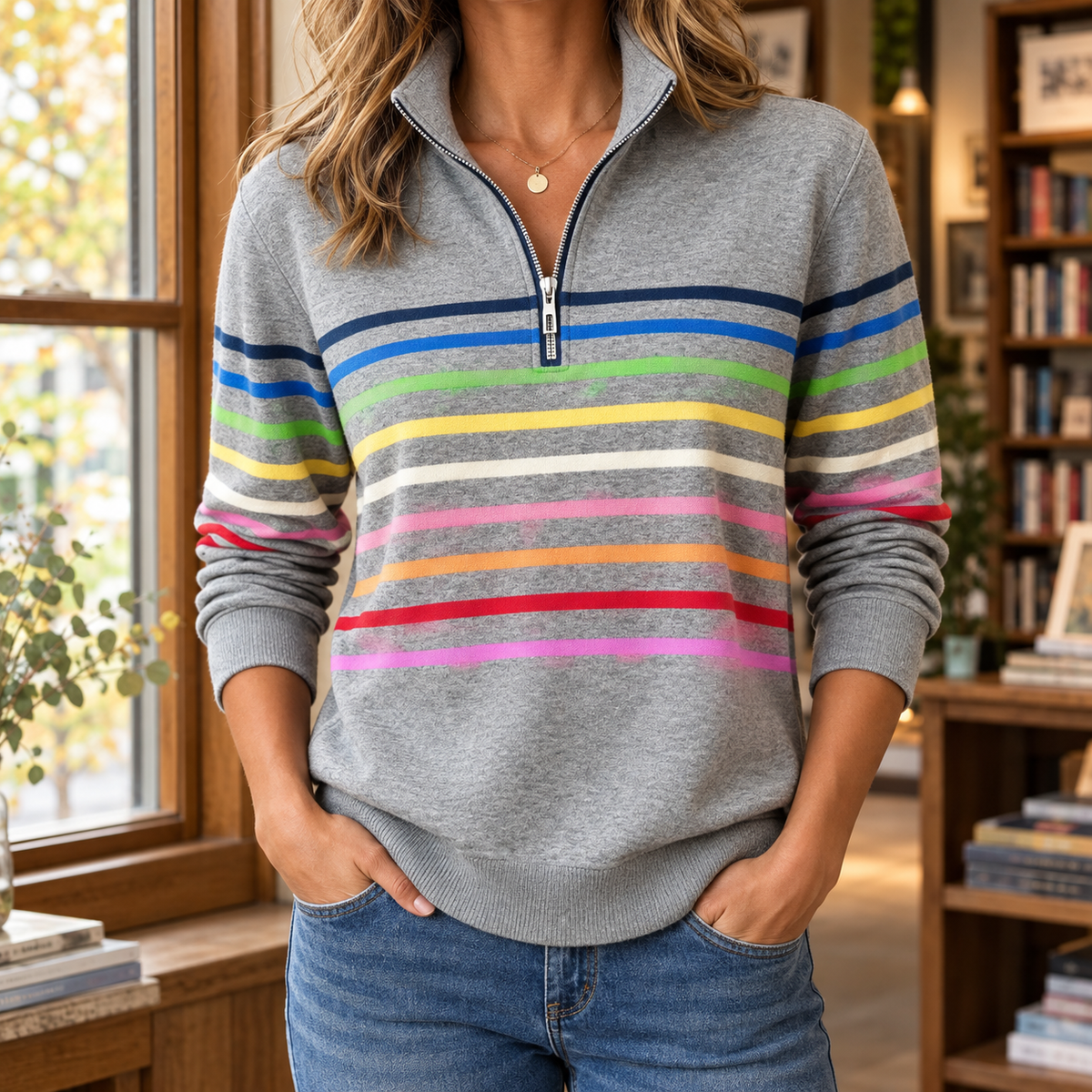 Darcy | Knitted Striped Quarter Zip Funnel Neck Long Sleeve Ribbed Hem Autumn Hip Length Sweatshirt Women
