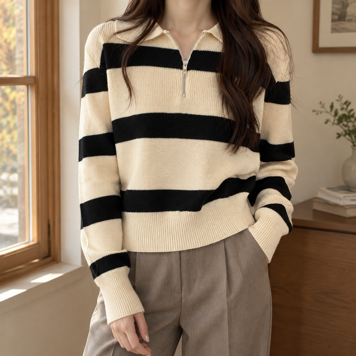 Niamh | Striped Half Zip Collared Long Sleeve Ribbed Oversized Autumn Winter Jumper Women