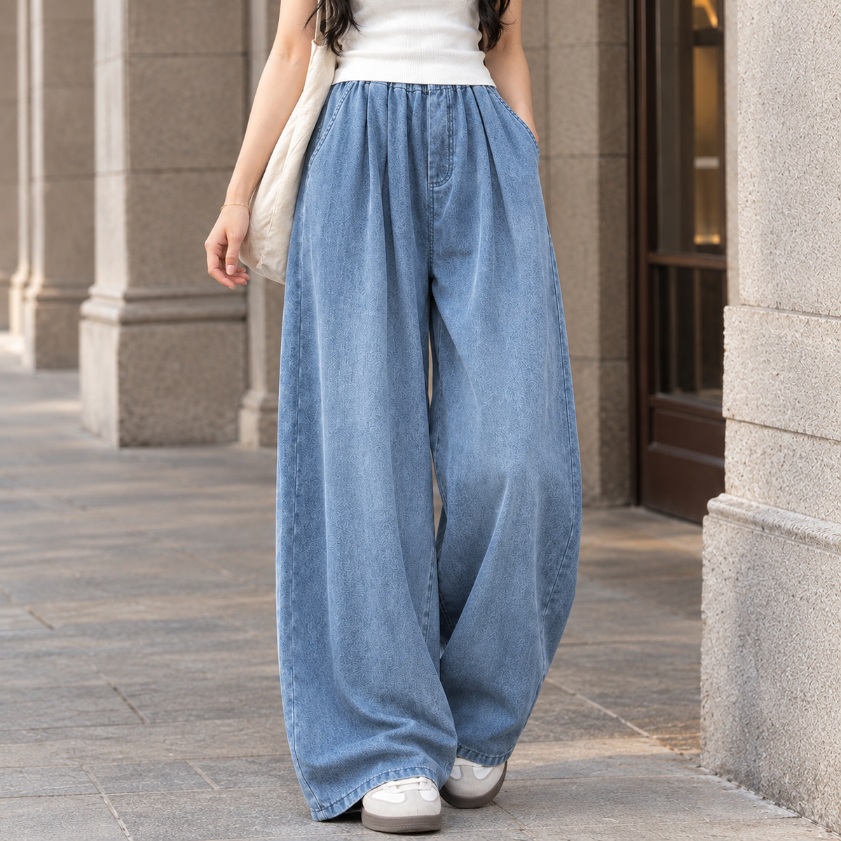 Cerys | Baggy Pleated Elasticated High Waisted Long Pocket Wide Leg Jeans Women