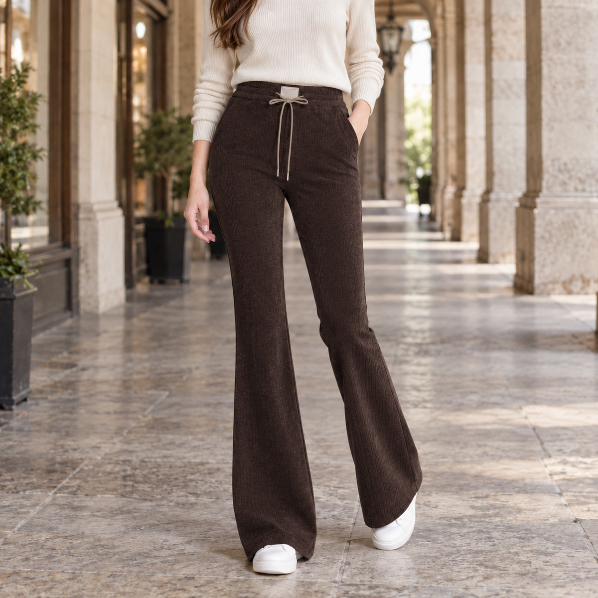 Lila | Ribbed Knitted Drawstring Elasticated Waist Pockets Long Flared Trousers Women