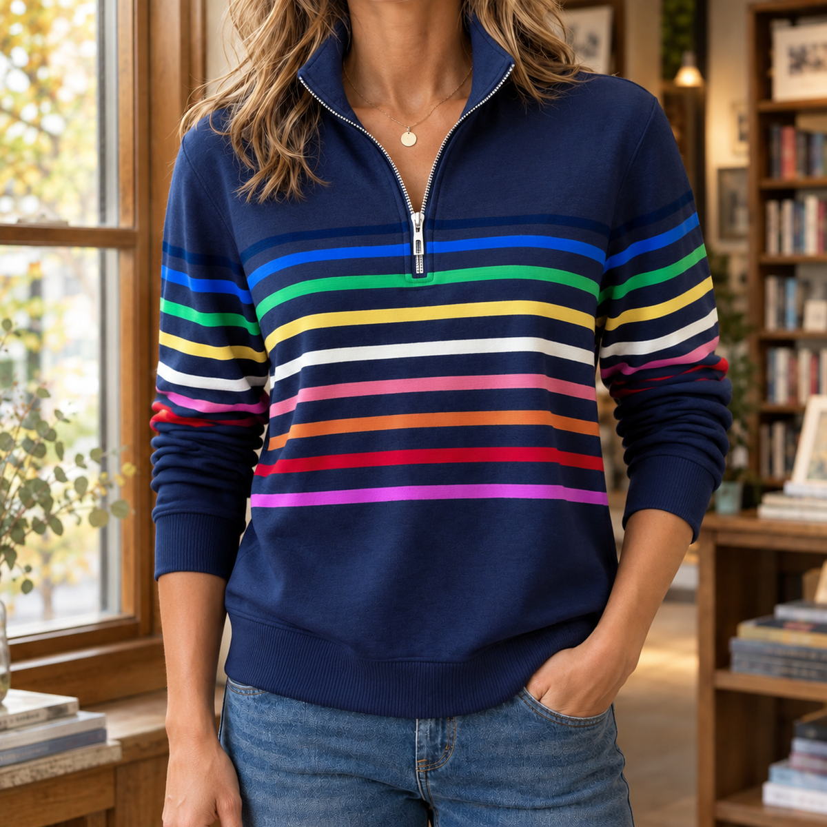 Darcy | Knitted Striped Quarter Zip Funnel Neck Long Sleeve Ribbed Hem Autumn Hip Length Sweatshirt Women