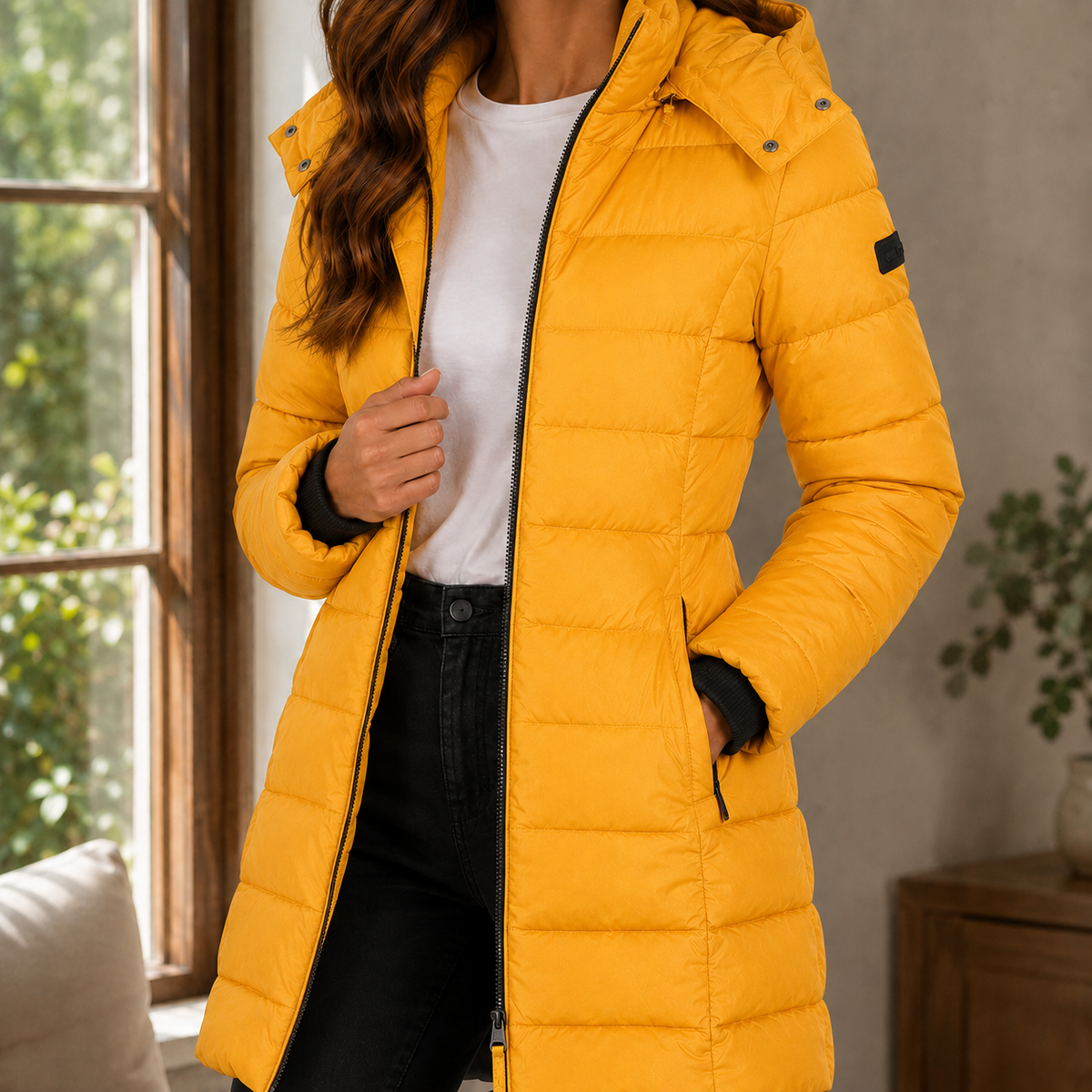Margo | Winter Zip Up Hooded Mid Length Quilted Funnel Neck Pocket Puffer Coat Women