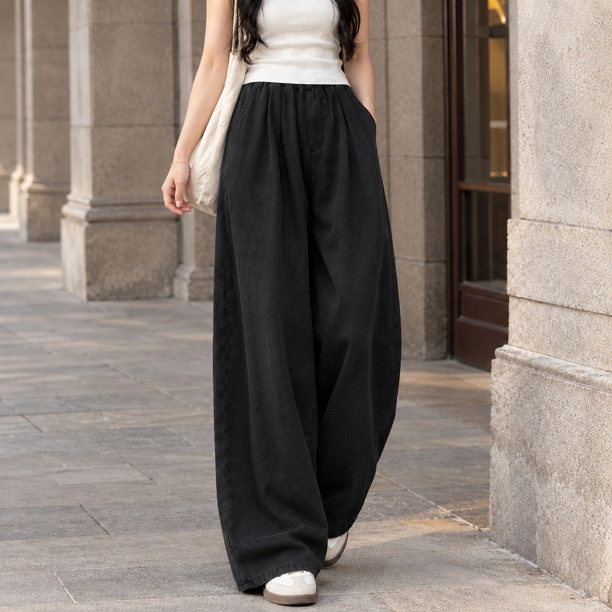 Cerys | Baggy Pleated Elasticated High Waisted Long Pocket Wide Leg Jeans Women