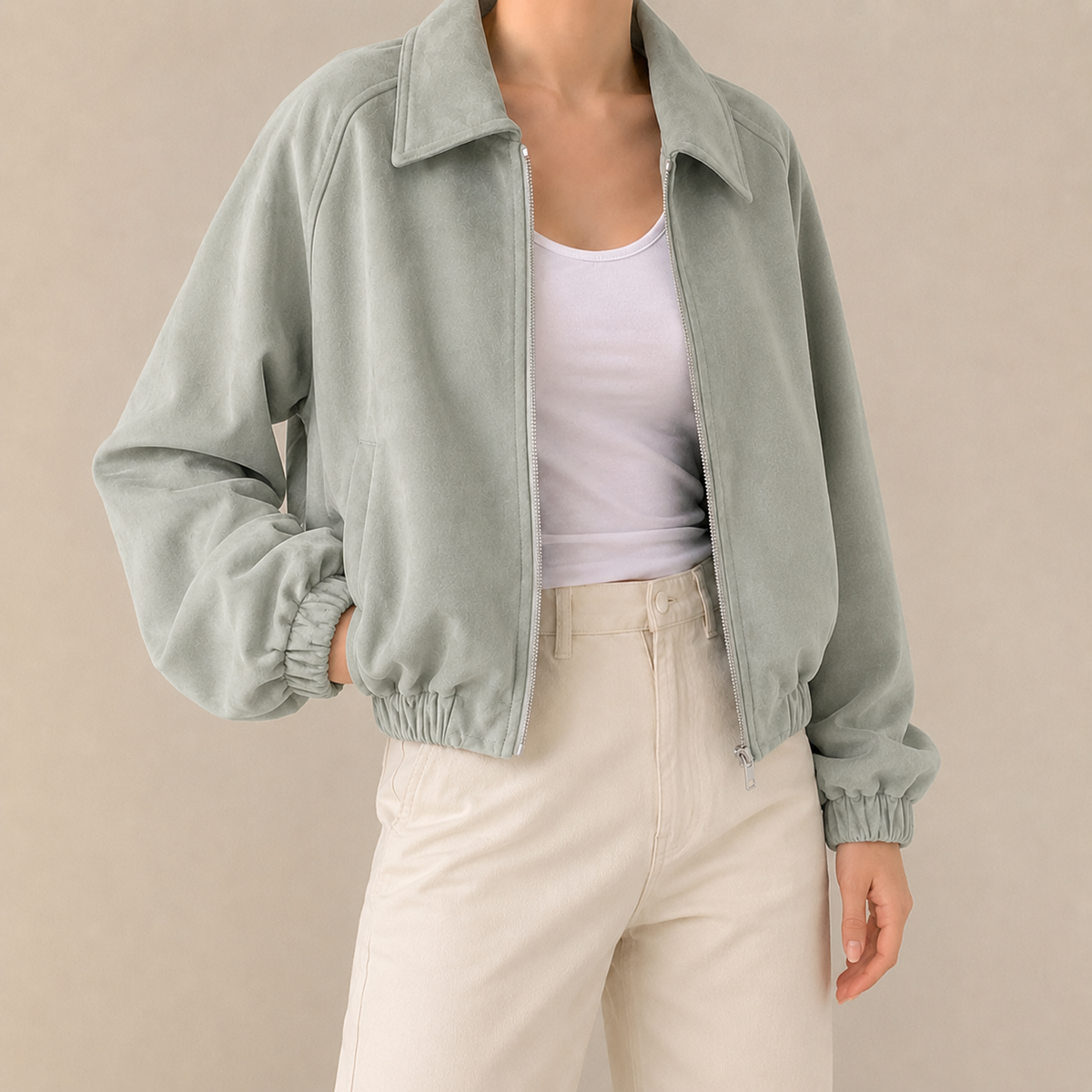Pippa | Collared Zip Up Faux Suede Oversized Cropped Elasticated Hem Autumn Bomber Jacket Women