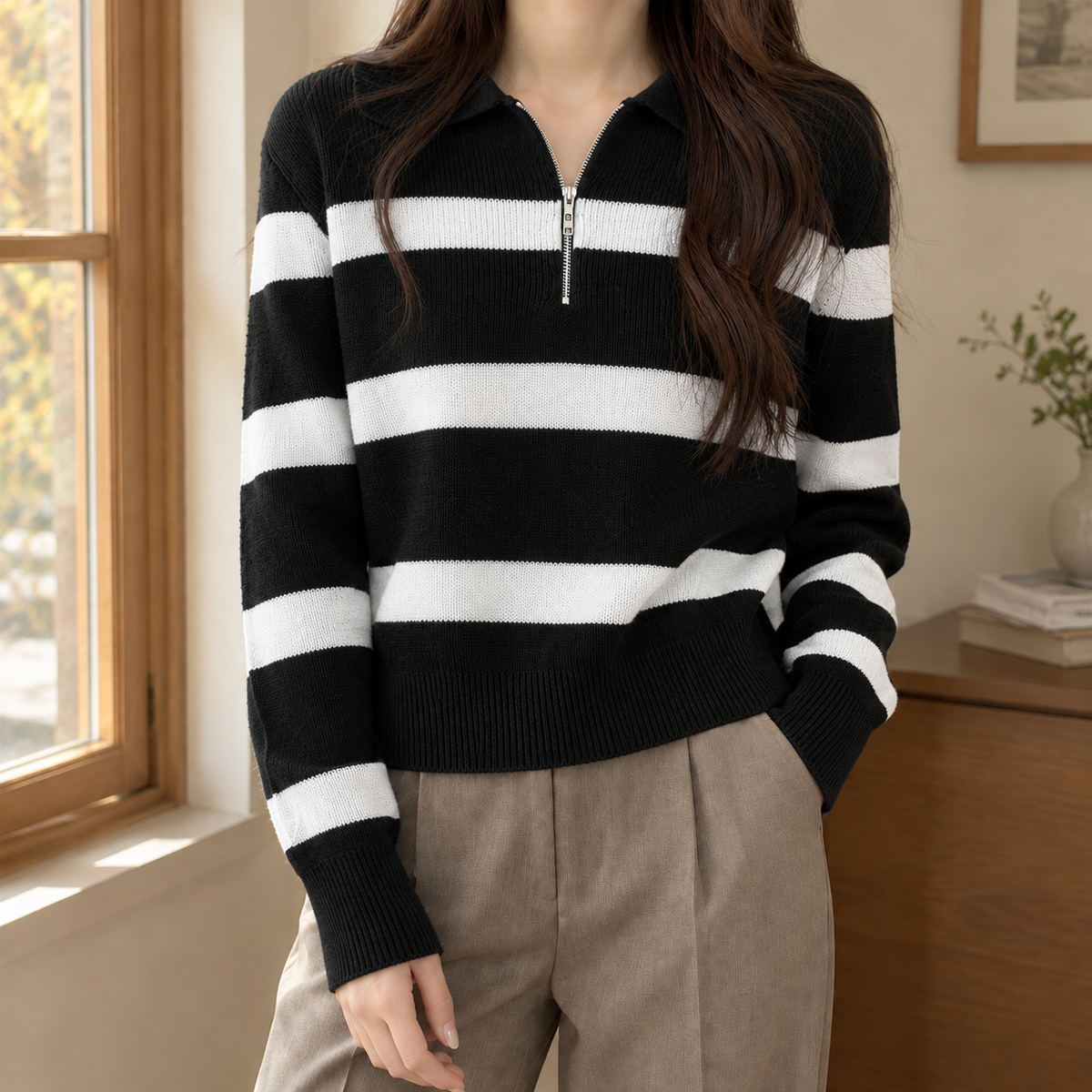 Niamh | Striped Half Zip Collared Long Sleeve Ribbed Oversized Autumn Winter Jumper Women