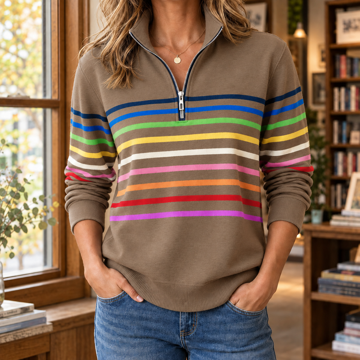 Darcy | Knitted Striped Quarter Zip Funnel Neck Long Sleeve Ribbed Hem Autumn Hip Length Sweatshirt Women