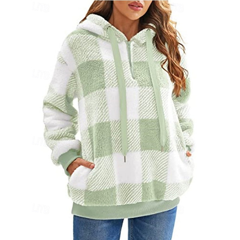 Skye | Checked Winter Oversized Hooded Quarter Zip Sherpa Fleece Jacket Women