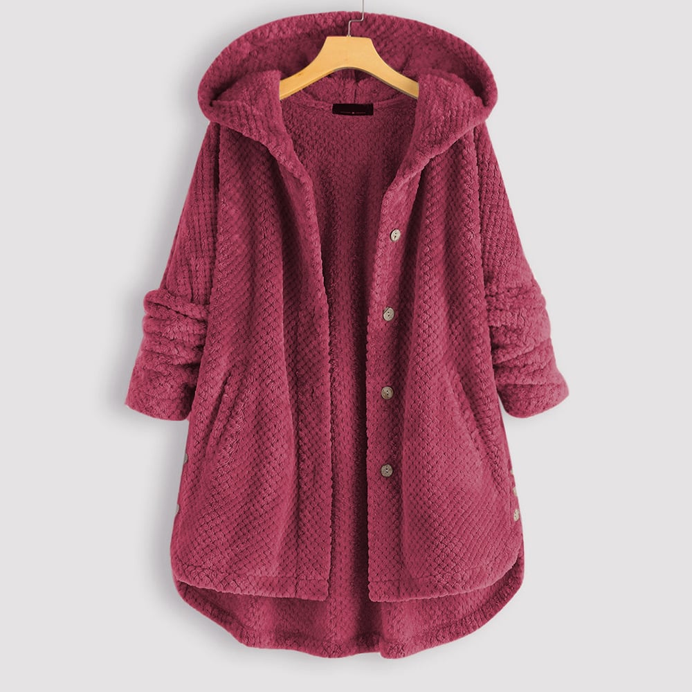Aimee | Oversized Longline Hooded Button Winter Fleece Jacket Women