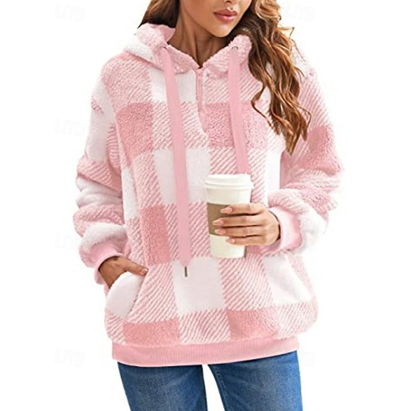 Skye | Checked Winter Oversized Hooded Quarter Zip Sherpa Fleece Jacket Women