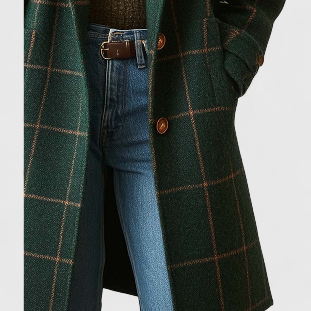 Long Check Wool Coat with Lapels - Green