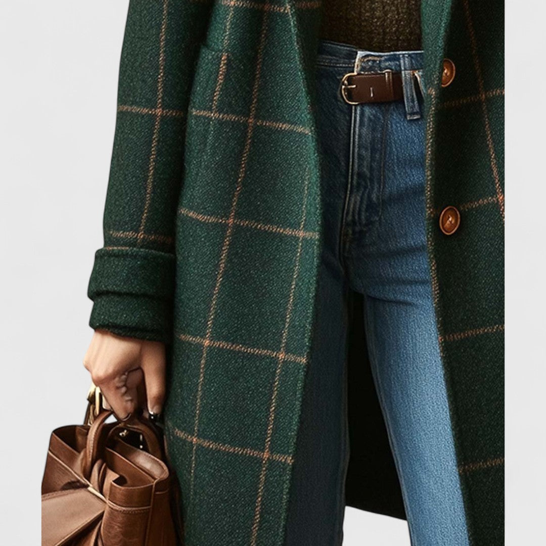 Long Check Wool Coat with Lapels - Green