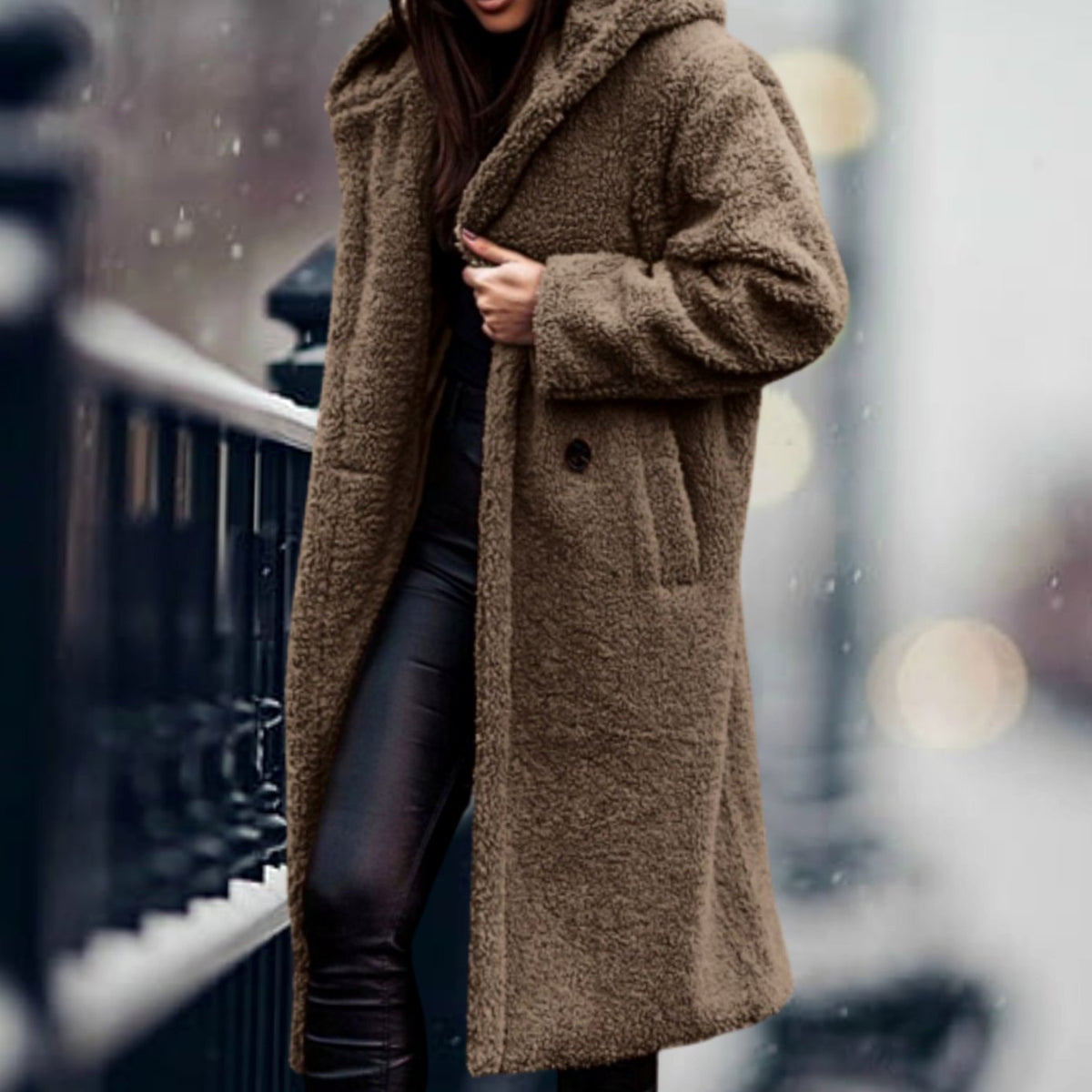 Thea | Hooded Oversized Collared Lapel Button Winter Long Teddy Coat Women