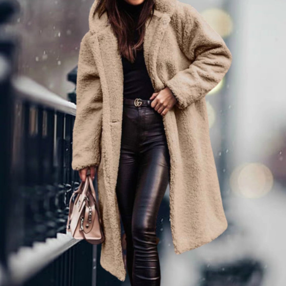 Thea | Hooded Oversized Collared Lapel Button Winter Long Teddy Coat Women