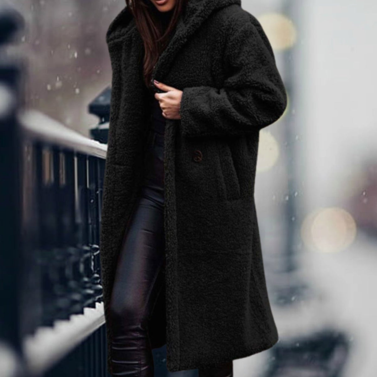 Thea | Hooded Oversized Collared Lapel Button Winter Long Teddy Coat Women