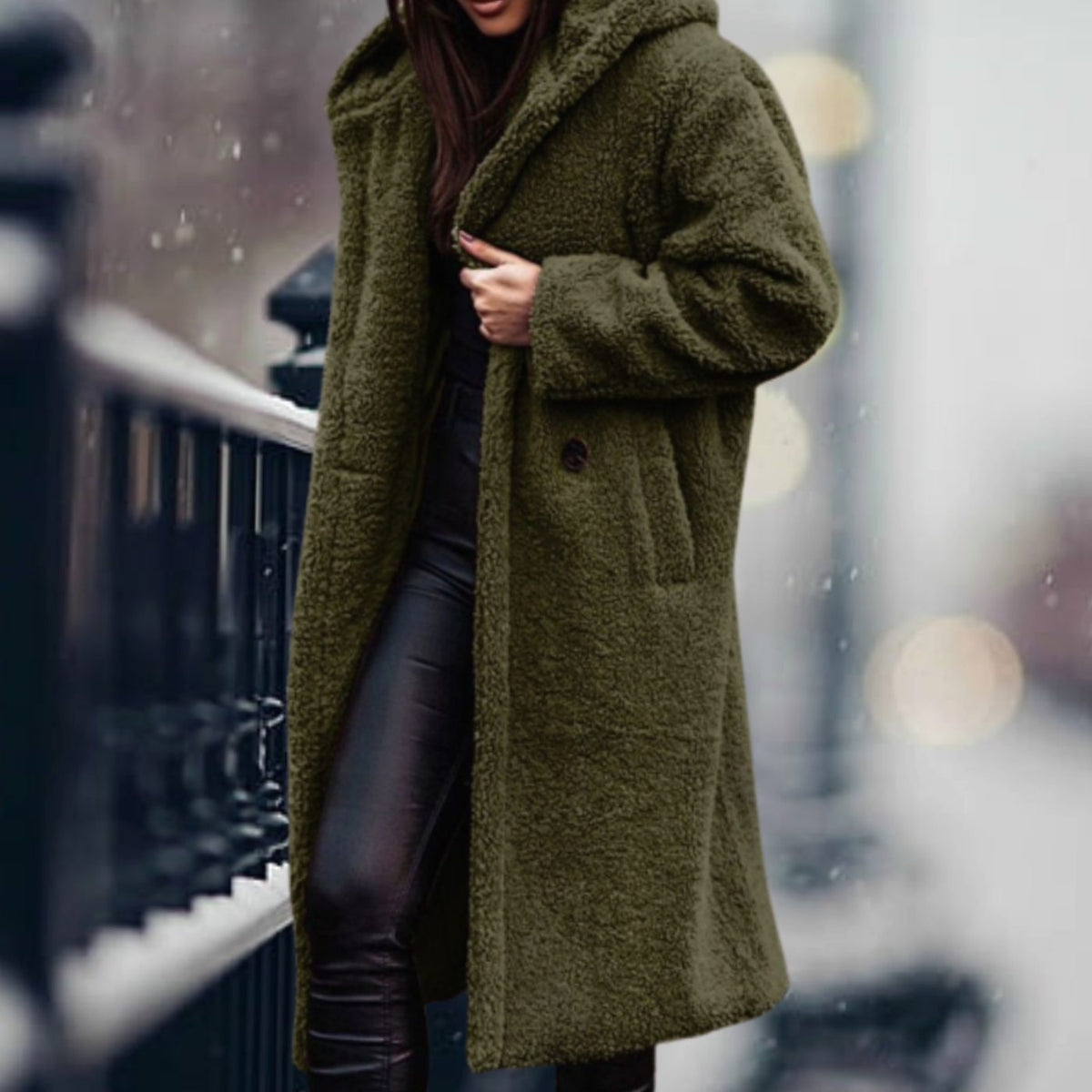 Thea | Hooded Oversized Collared Lapel Button Winter Long Teddy Coat Women