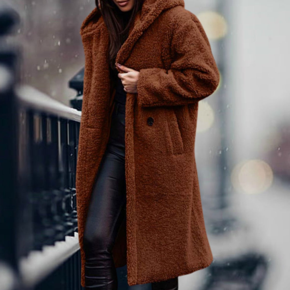 Thea | Hooded Oversized Collared Lapel Button Winter Long Teddy Coat Women