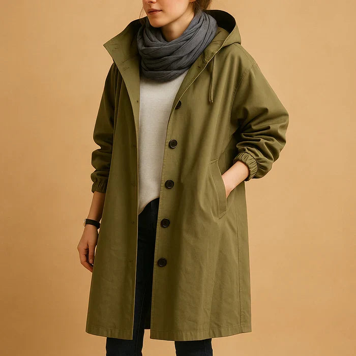 Chloe | Button Up Oversized Longline Hooded Collared Pocket Autumn Windbreaker Jacket Women