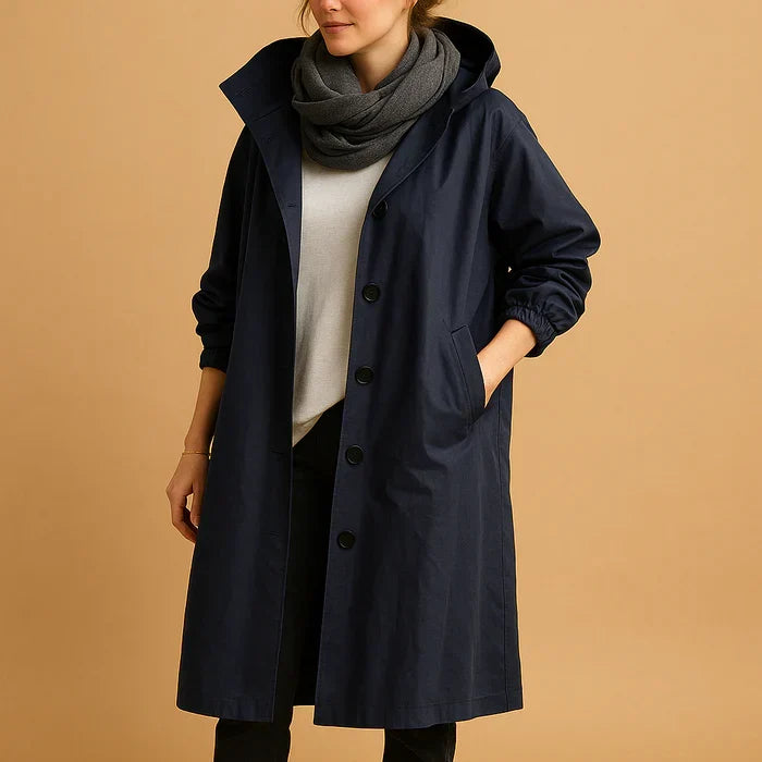 Chloe | Button Up Oversized Longline Hooded Collared Pocket Autumn Windbreaker Jacket Women