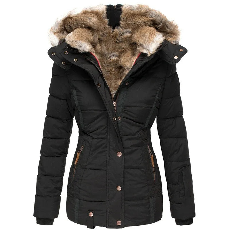Puffer Jacket with Faux Fur Hood - Black