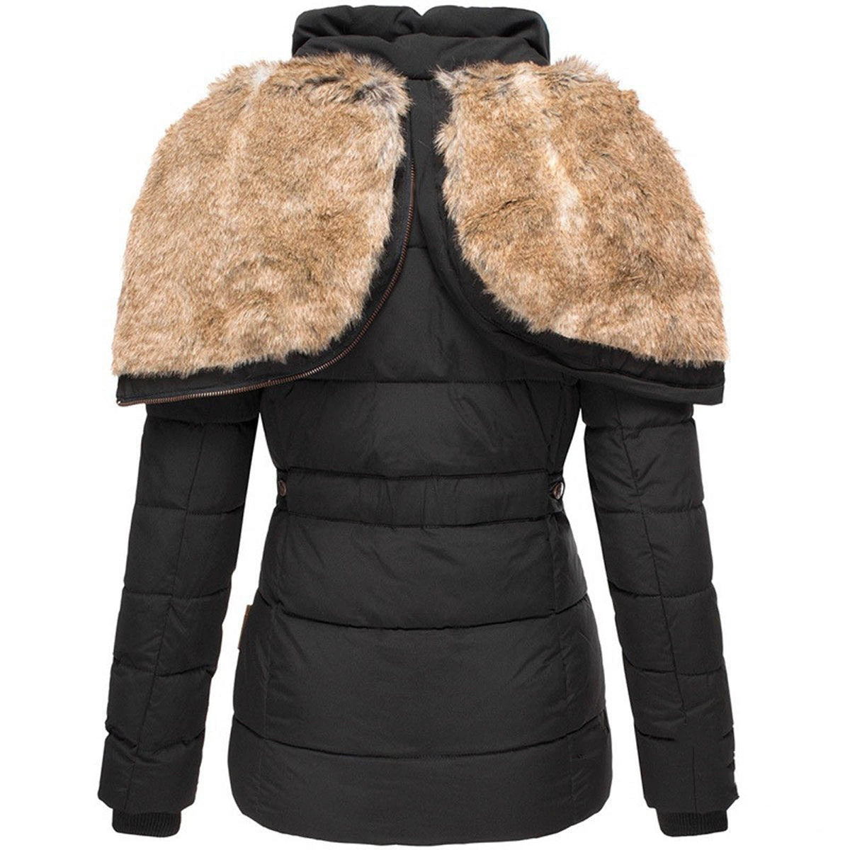 Puffer Jacket with Faux Fur Hood - Black