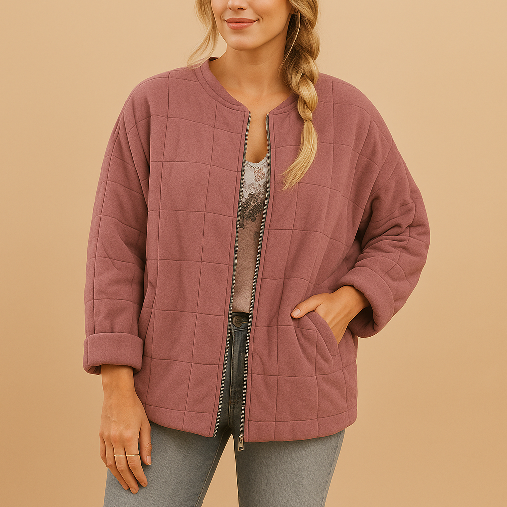 Quilted Jacket with Stand Collar and Zip - Cream