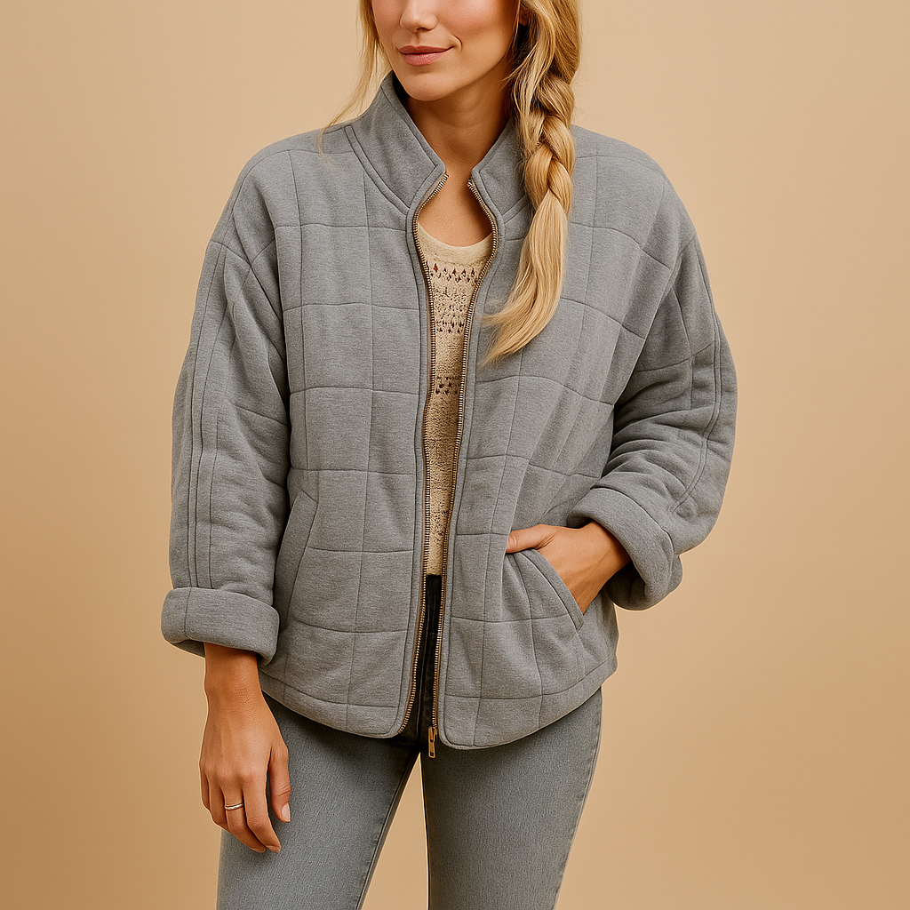 Quilted Jacket with Stand Collar and Zip - Cream