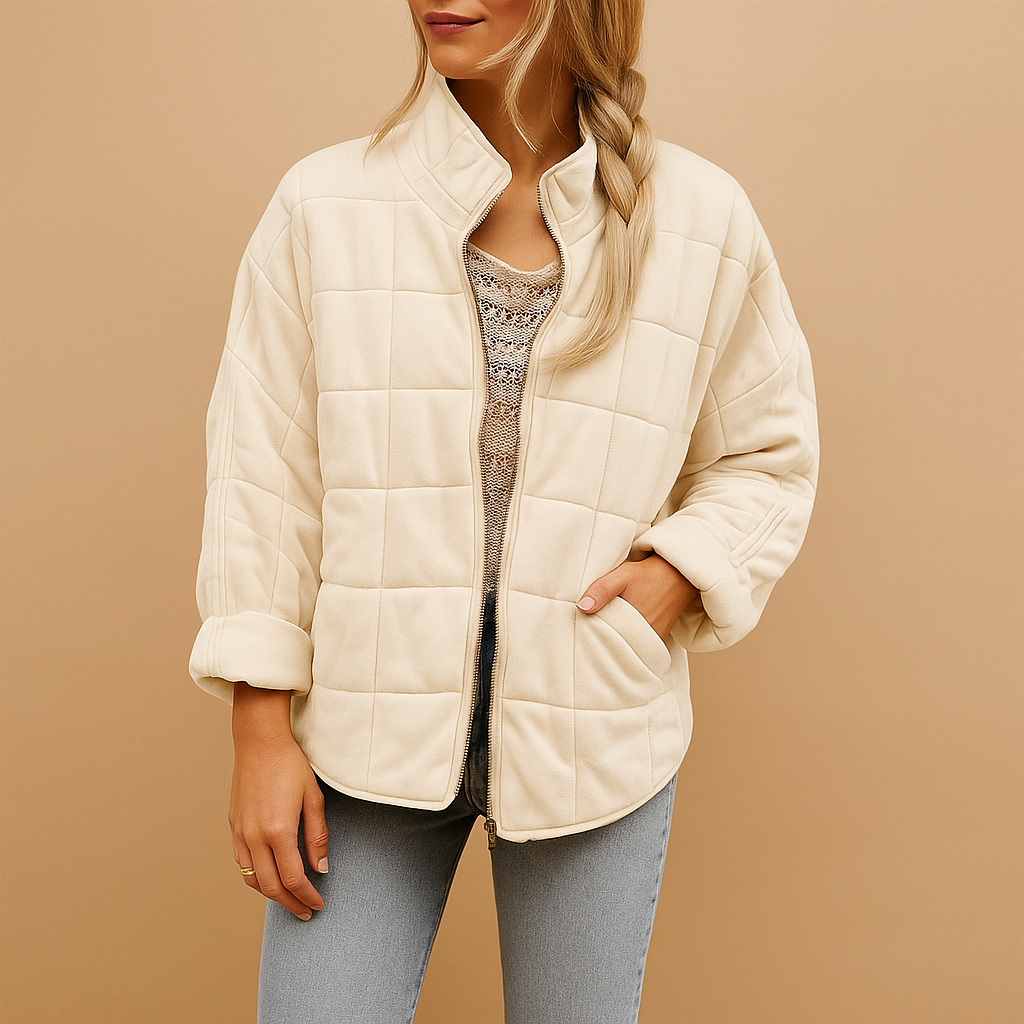 Quilted Jacket with Stand Collar and Zip - Cream