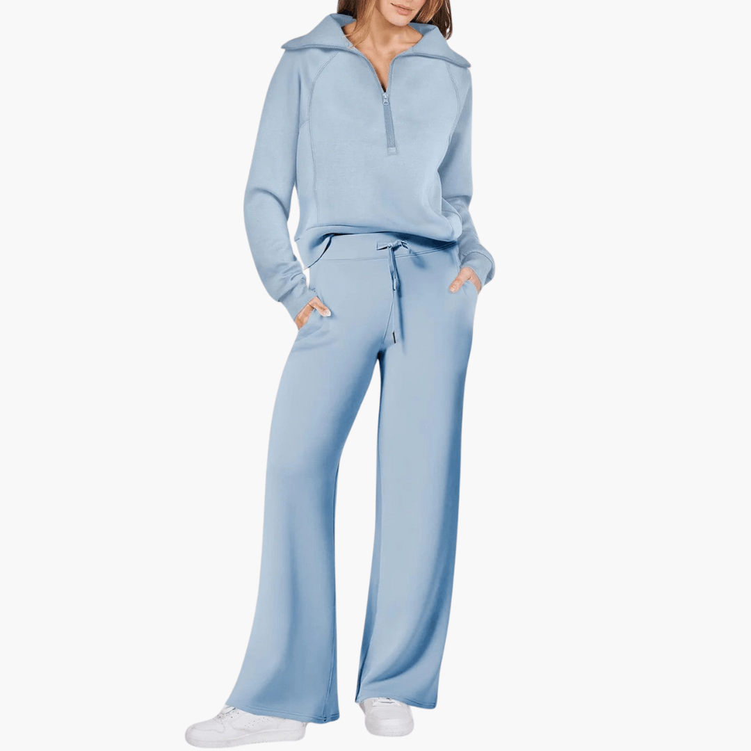 Nia | Fleece Oversized Zip Up Collared Long Sleeve Wide Leg Tie Waist Tracksuit Women