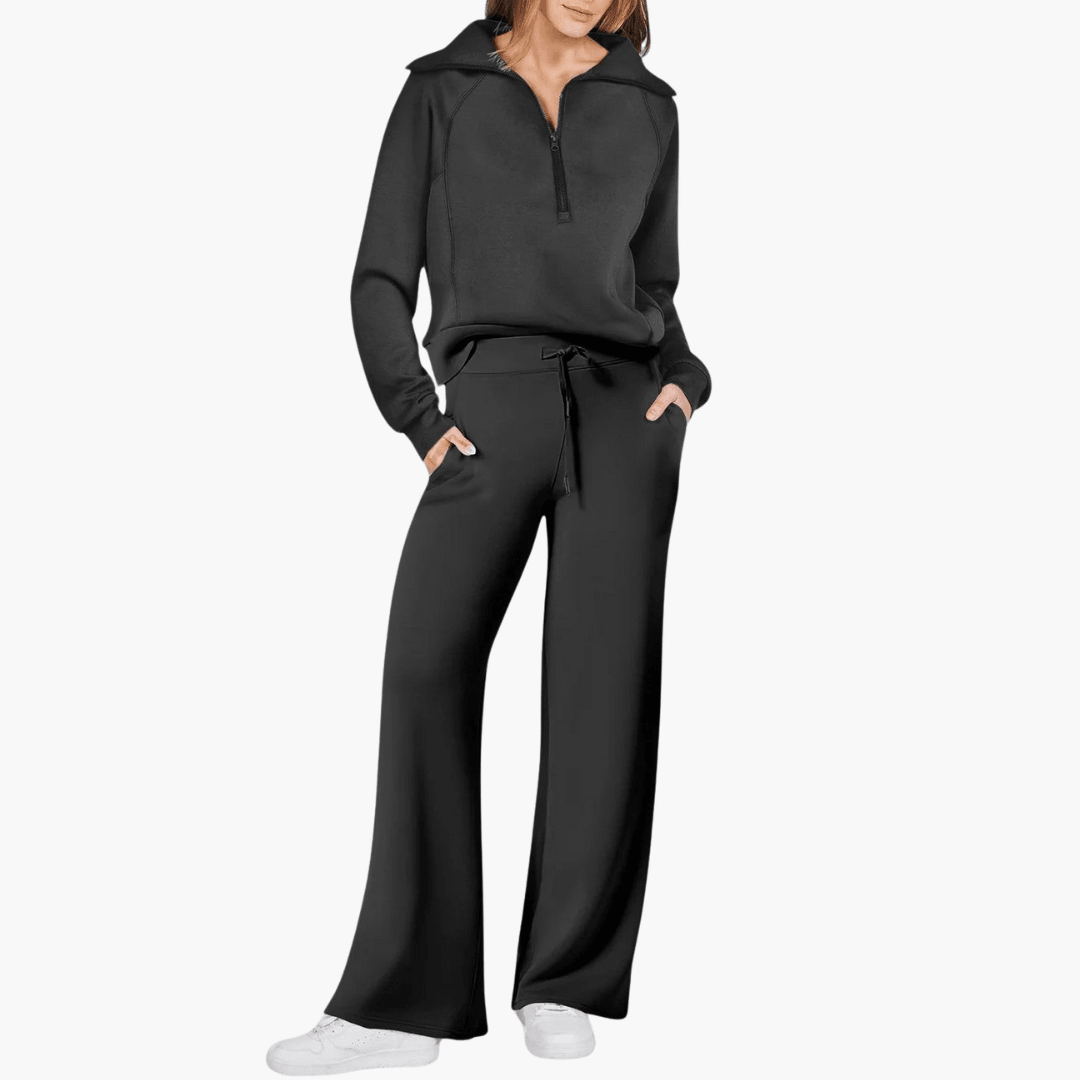 Nia | Fleece Oversized Zip Up Collared Long Sleeve Wide Leg Tie Waist Tracksuit Women
