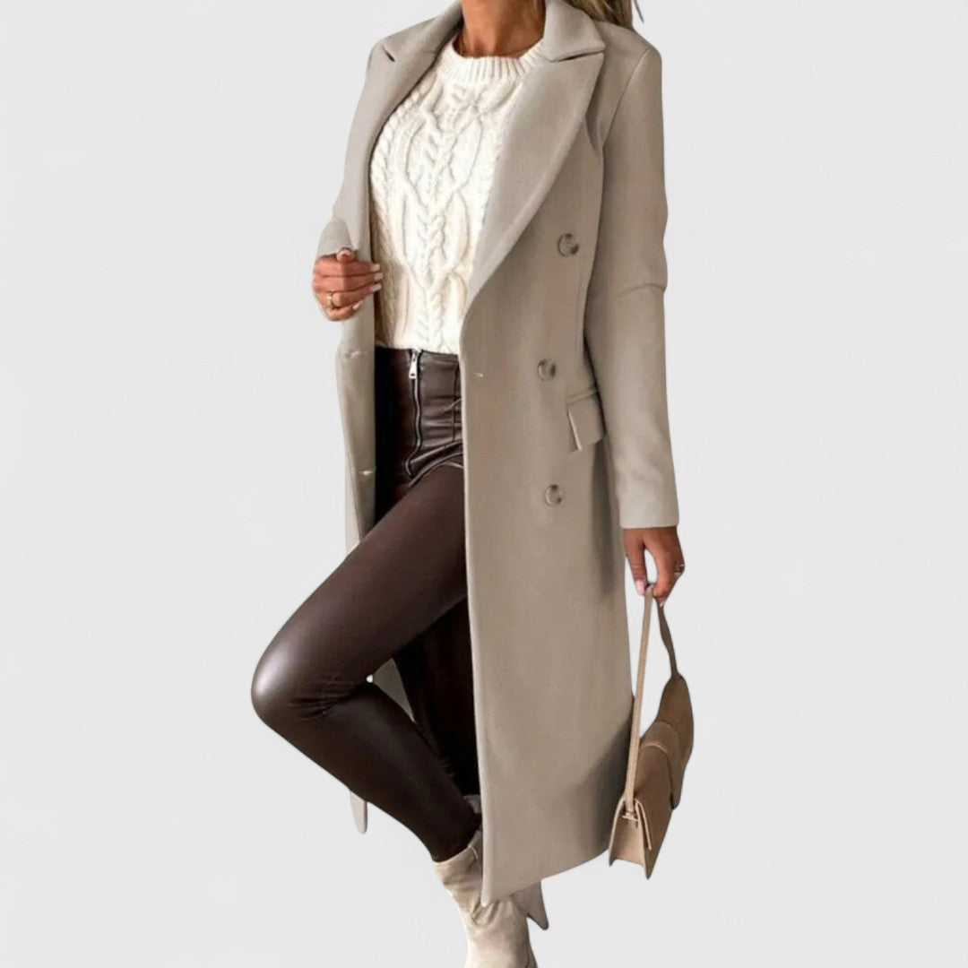 Longline Double Breasted Coat with Belt - Beige