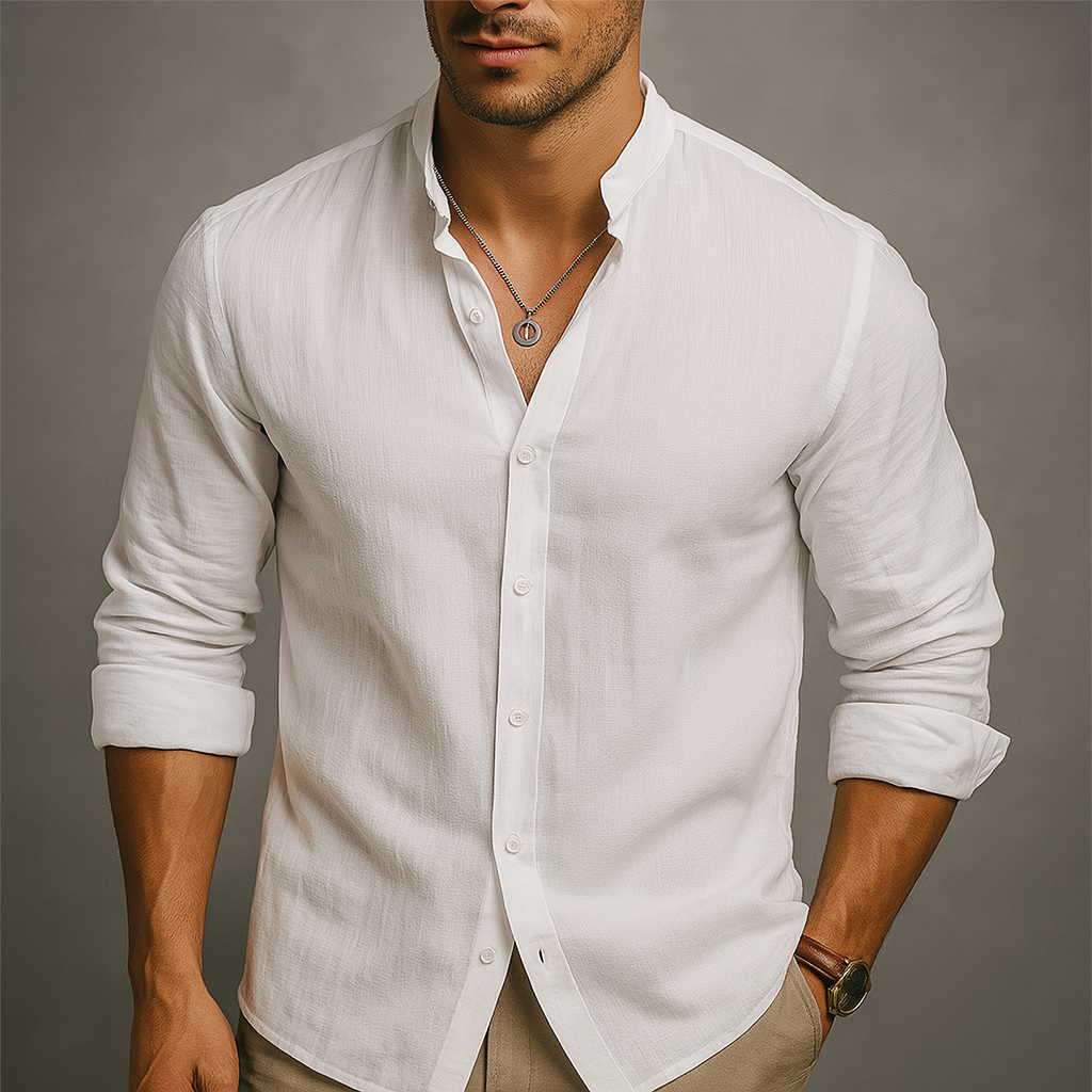 Men's Linen-Look Button-Up Shirt with Band Collar | Avani - White