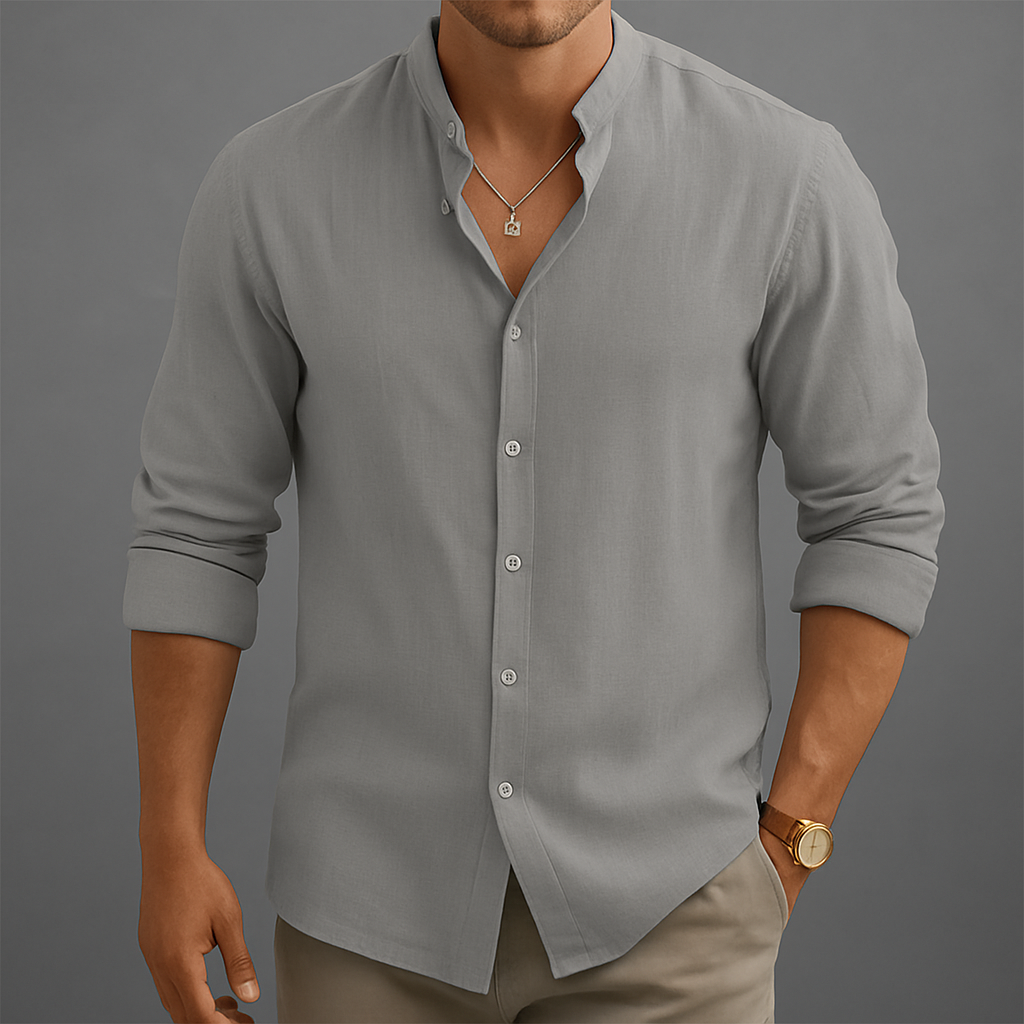 Men's Linen-Look Button-Up Shirt with Band Collar | Avani - Gray
