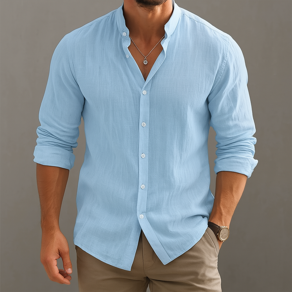 Men's Linen-Look Button-Up Shirt with Band Collar | Avani - Blue