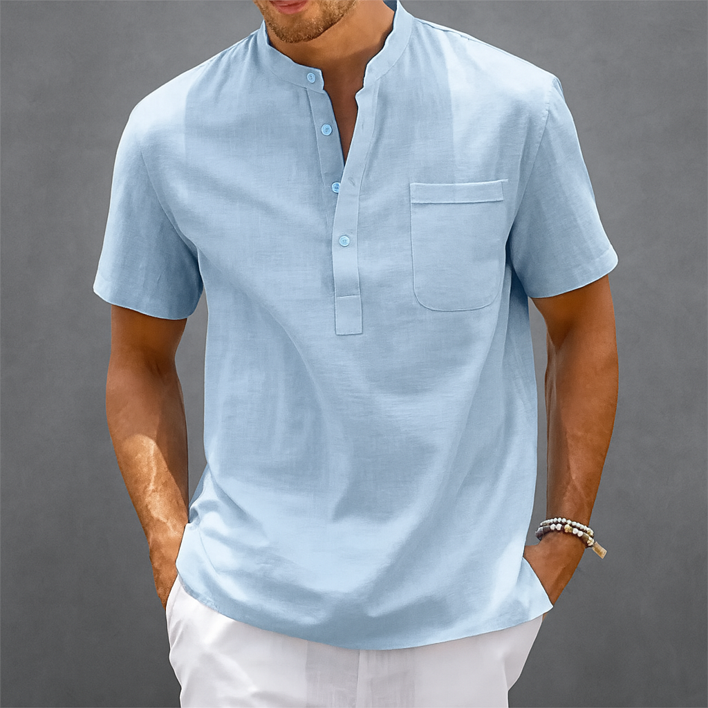 Men's Linen-Look Henley Shirt with Chest Pocket | Arden - Blue