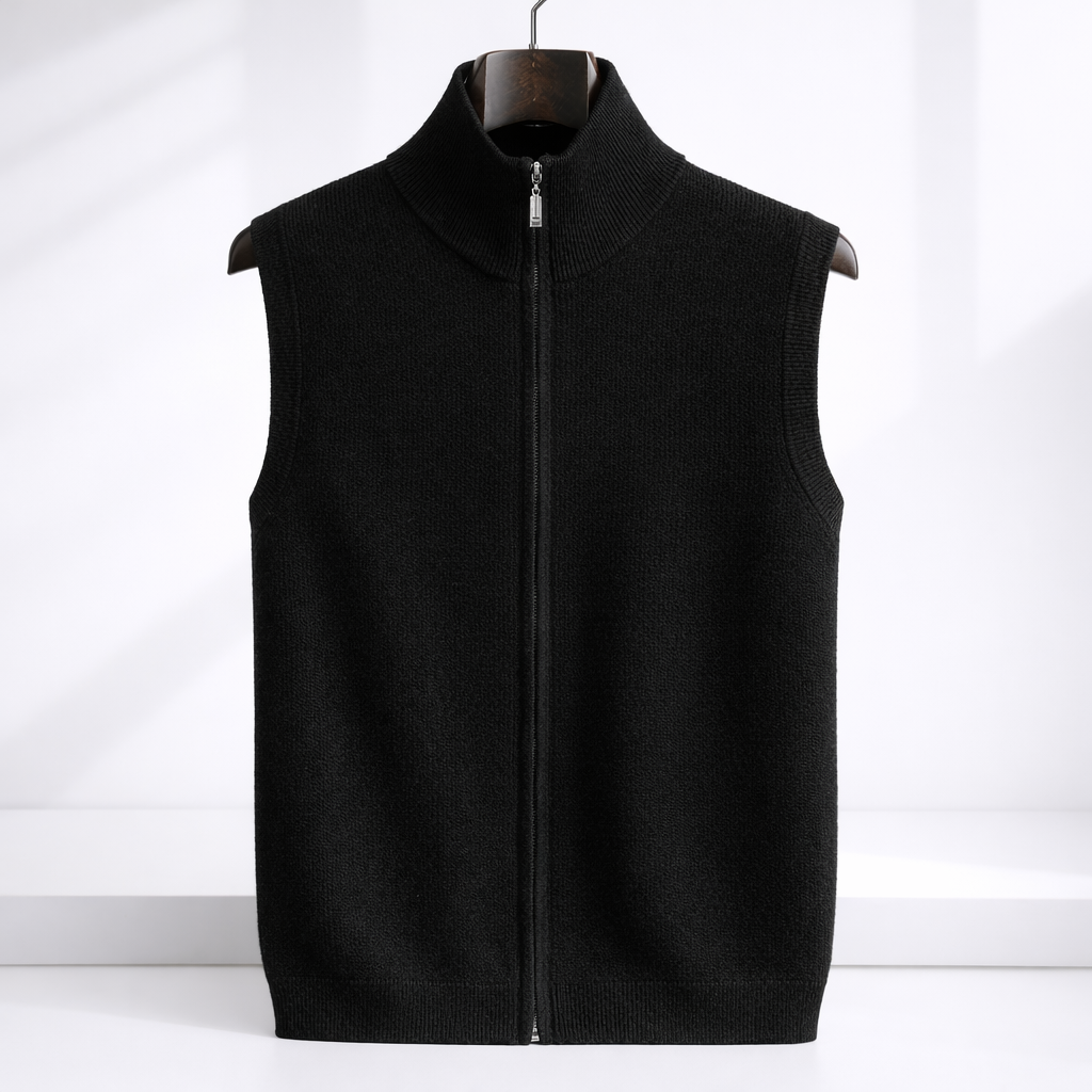 Men's Zip-Up Knit Sweater Vest with Stand Collar | Savoni - Black