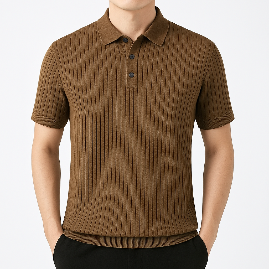 Men's Ribbed Knit Polo Shirt with Button Placket | Savoni - Coffee
