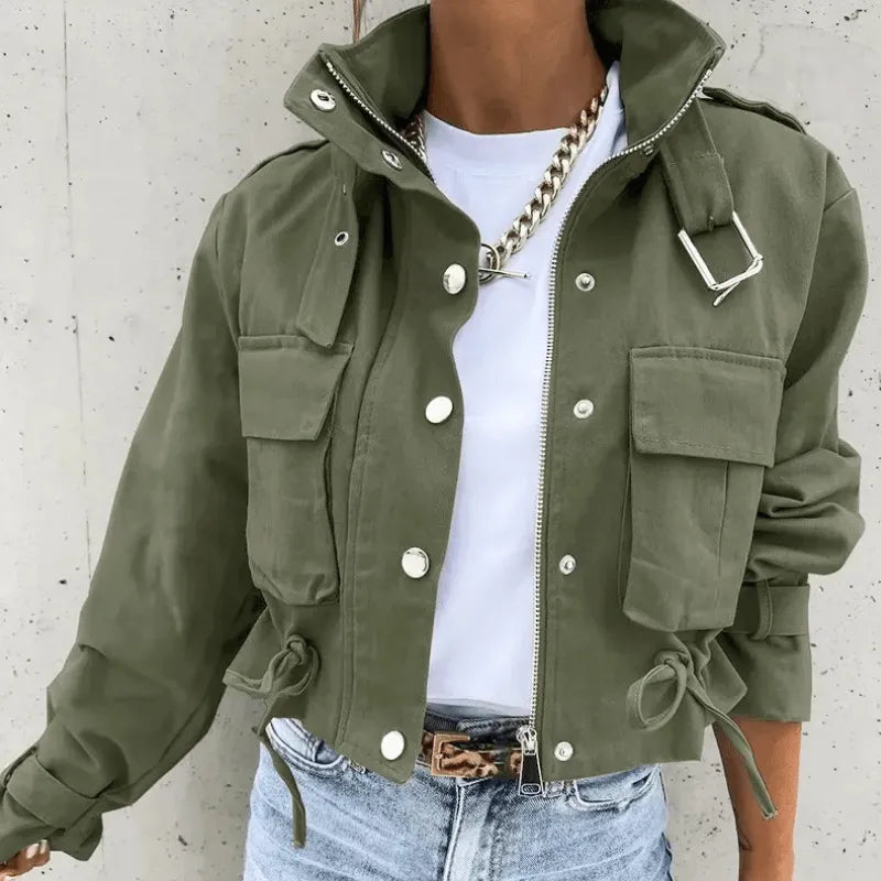 Alba | Printed Drawstring Button Funnel Neck Cropped Zip Up Windbreaker Jacket Women