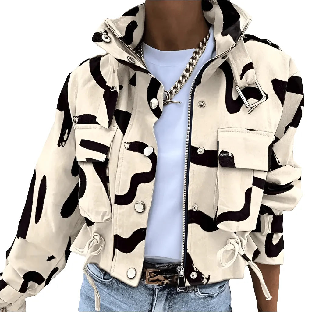 Alba | Printed Drawstring Button Funnel Neck Cropped Zip Up Windbreaker Jacket Women