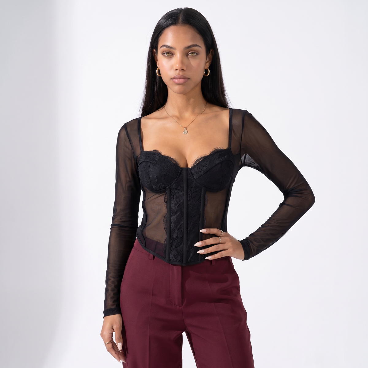 Keira | Lace Trim Sweetheart Long Sleeve Sheer Going Out Party Cropped Mesh Corset Top Women