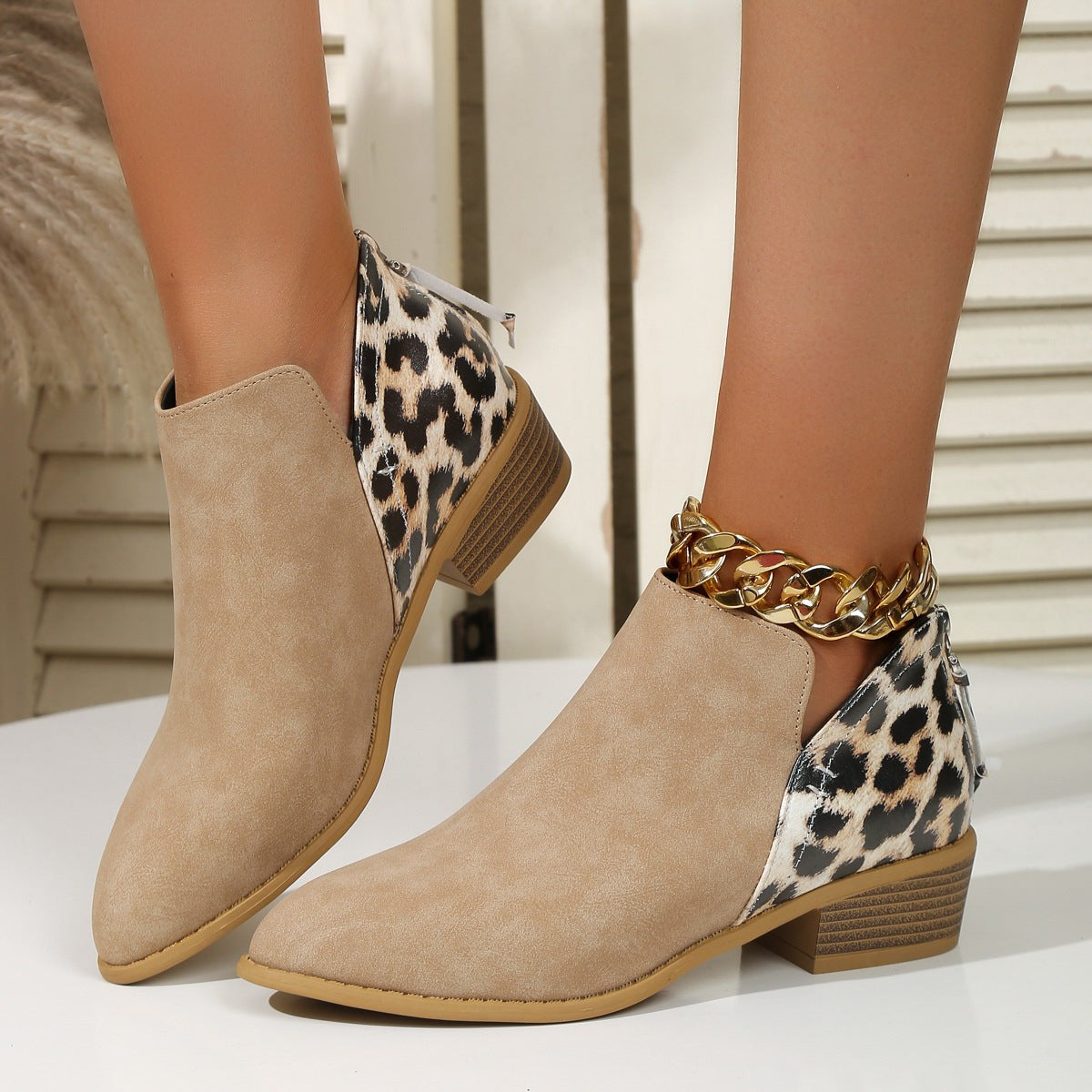 Aimee | Faux Leather Leopard Print Block Heeled Pointed Toe Zip Up Ankle Boots Women