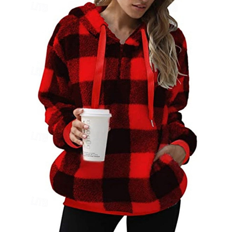 Skye | Checked Winter Oversized Hooded Quarter Zip Sherpa Fleece Jacket Women