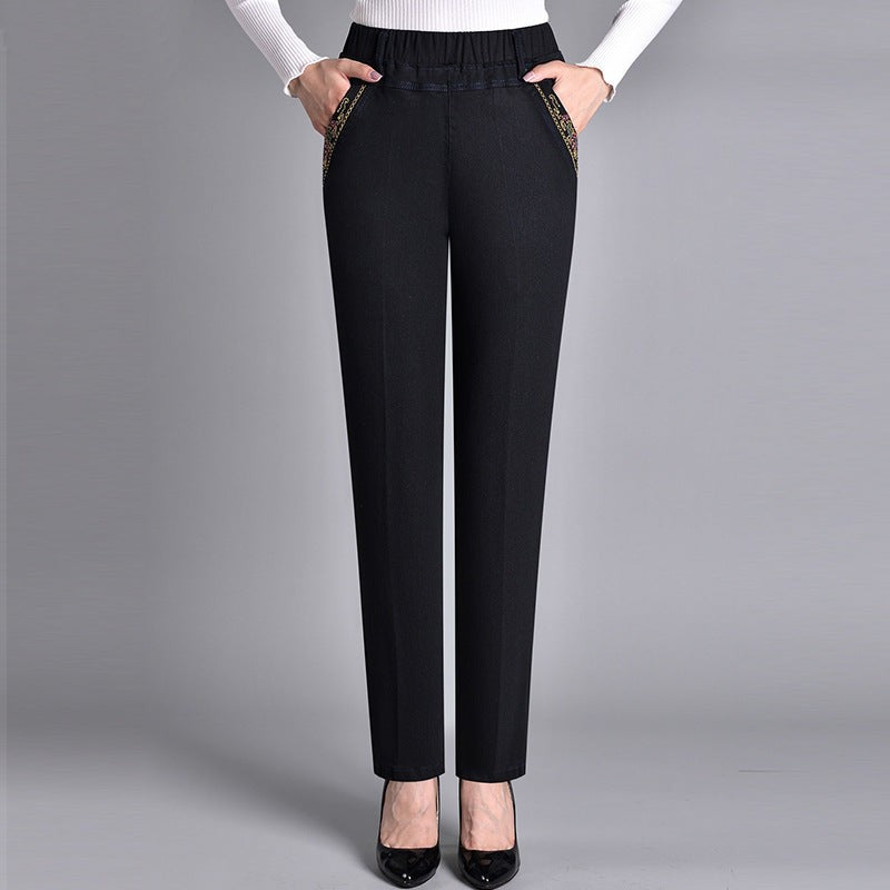 Neve | Elasticated Waist Embroidered Autumn Straight Leg Jeans Women
