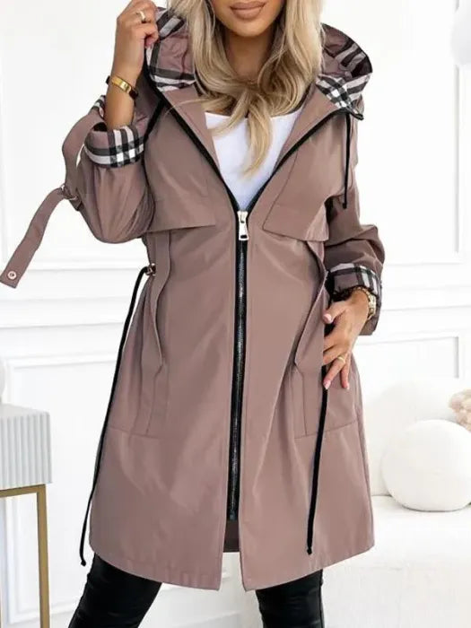 Long Waterproof Coat with Hood and Drawstring - Dusty Rose