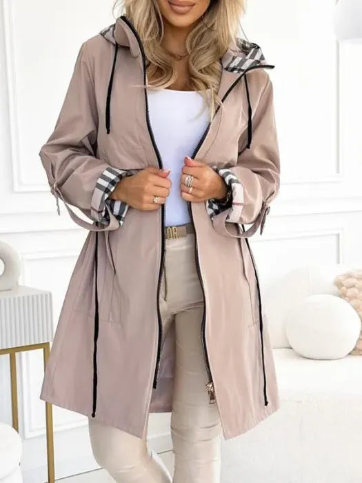 Long Waterproof Coat with Hood and Drawstring - Dusty Rose