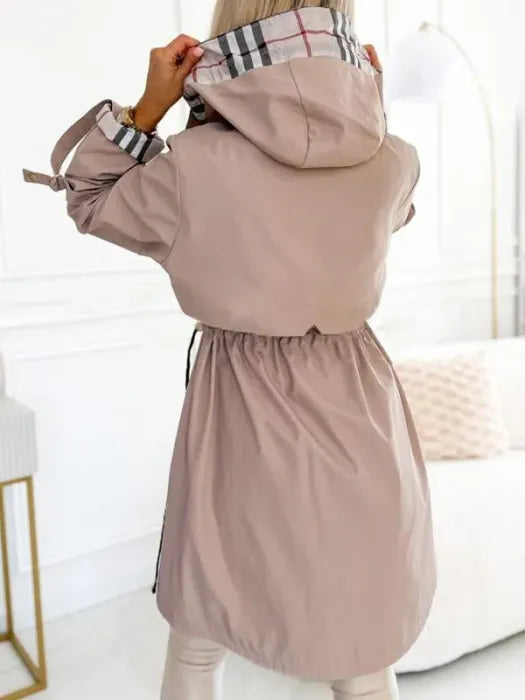 Long Waterproof Coat with Hood and Drawstring - Dusty Rose