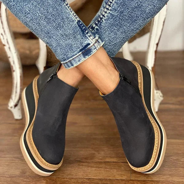 Macy | Platform Wedge Round Toe Zip Up Autumn Faux Leather Ankle Boots Women